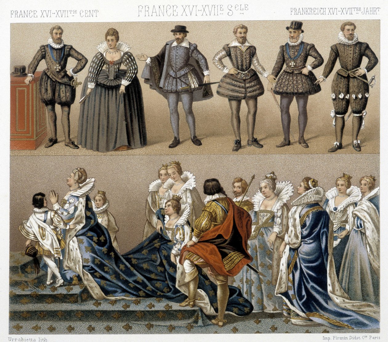 Trajes de la reina Margarita de Francia (parte inferior), y Enrique IV (parte superior) en los siglos XVII y XVIII. Ilustración en "El traje histórico" de Racinet de Albert Charles August Racinet