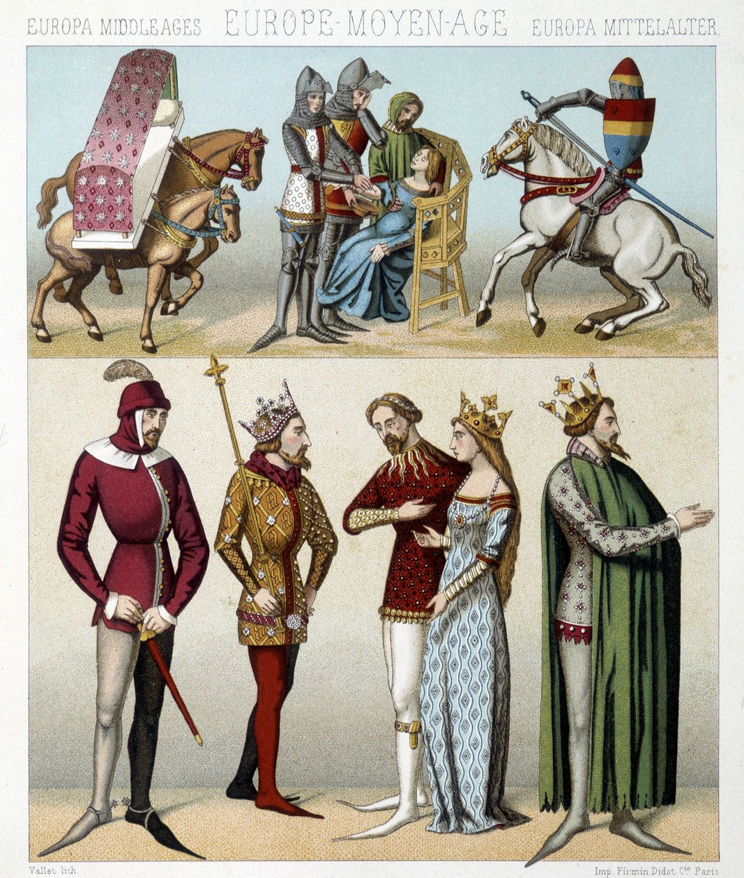 Trajes de la Edad Media en Francia. Ilustración en “Le costume historique” por Racinet de Albert Charles August Racinet