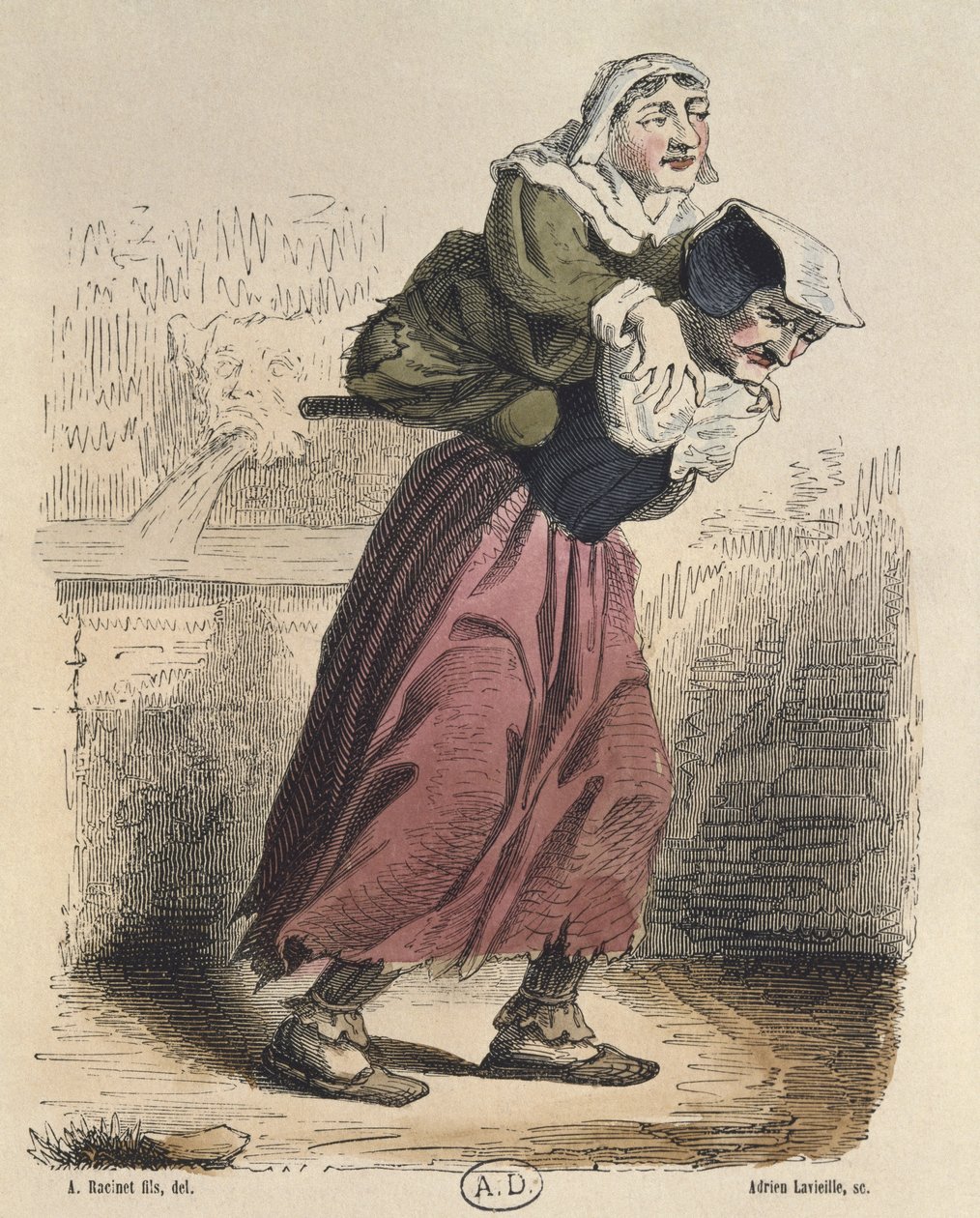 Cour des miracles, después de Jacques Callot (1592-1635) grabado por Adrien Lavieille (1818-62) (grabado en color) de Albert Charles August Racinet