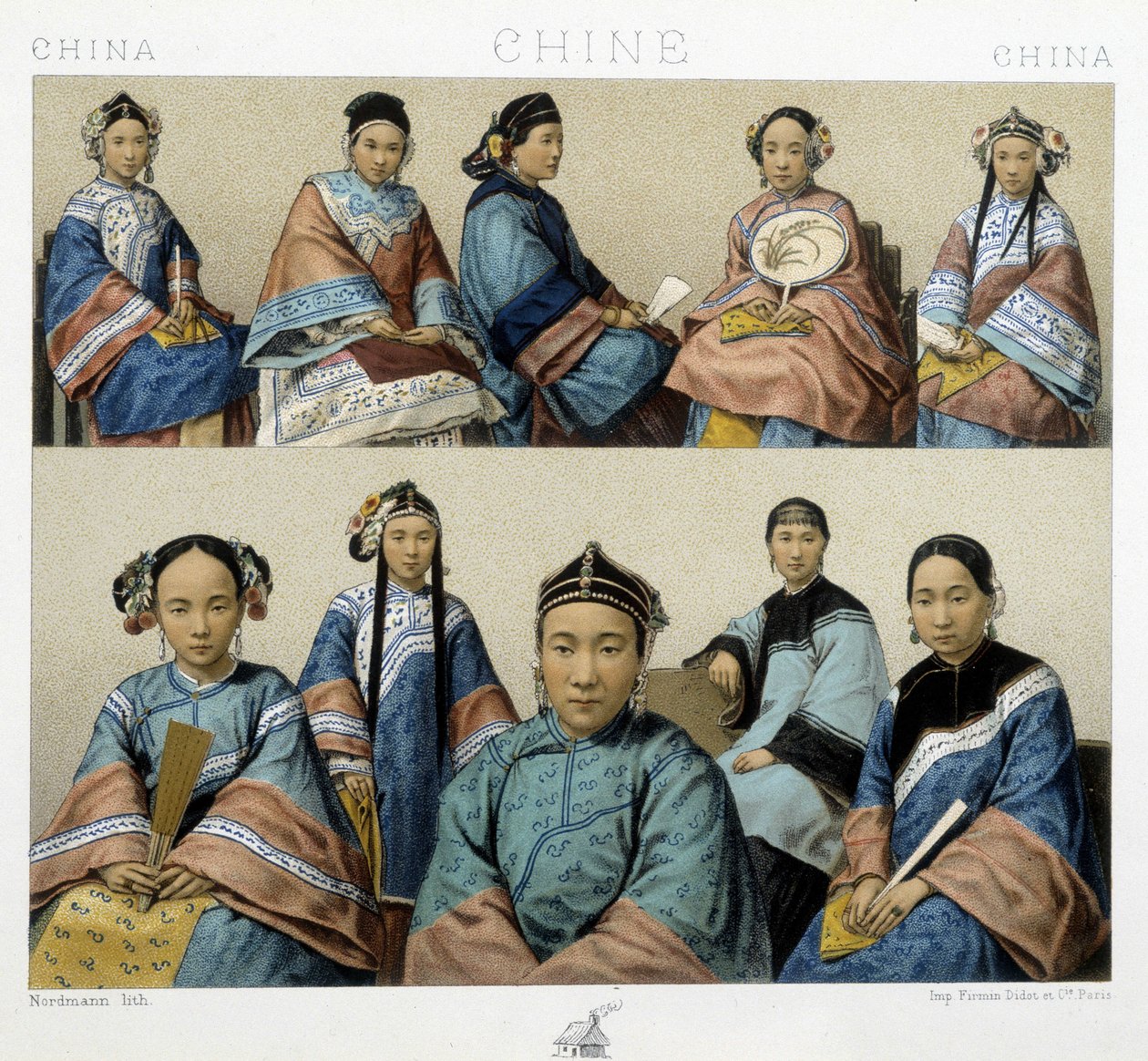 Diferentes tipos de mujeres en China - en "El traje histórico" de Racinet de Albert Charles August Racinet