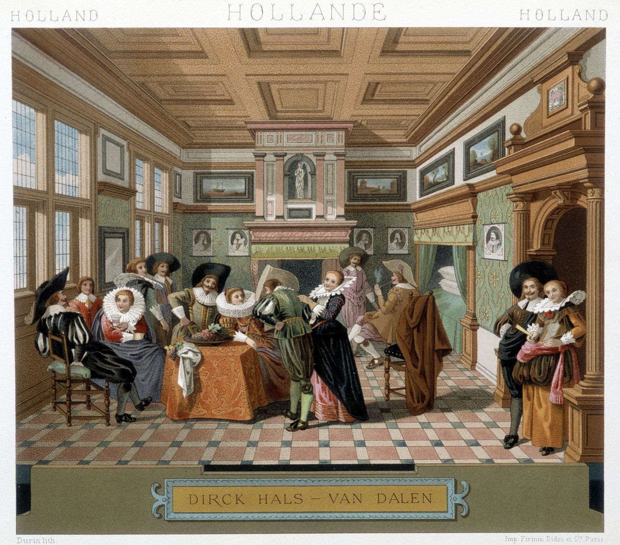 Holandeses con trajes y en un interior del siglo XVIII. Ilustración en “Le costume historique” por Racinet de Albert Charles August Racinet