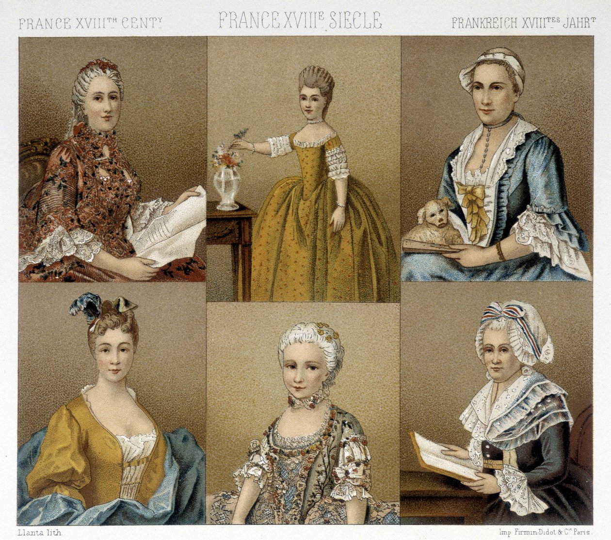 Moda femenina francesa en el siglo XVIII. Ilustración en "Le costume historique" por Racinet de Albert Charles August Racinet