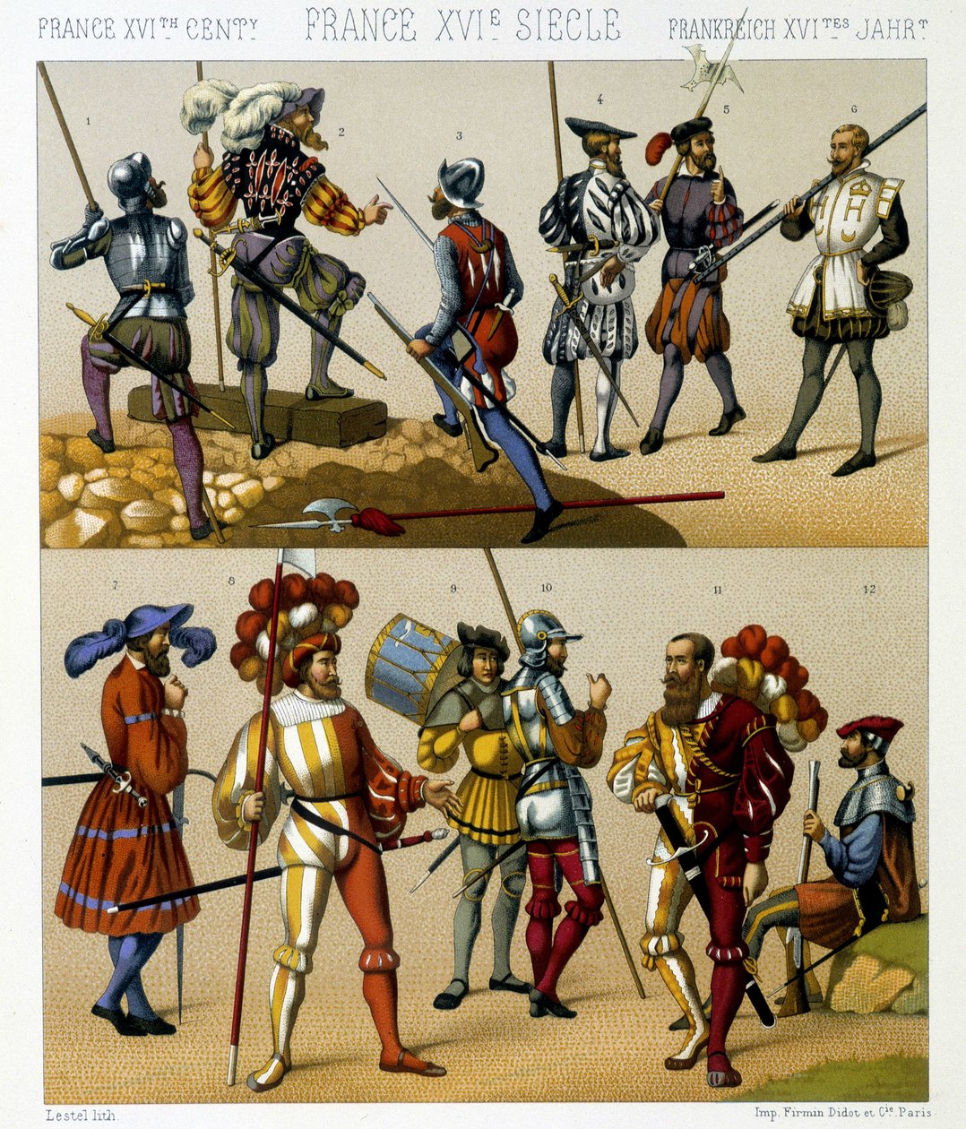 Trajes militares franceses en el siglo XVI. Placa cromolitográfica - en “El traje histórico” de Racinet de Albert Charles August Racinet