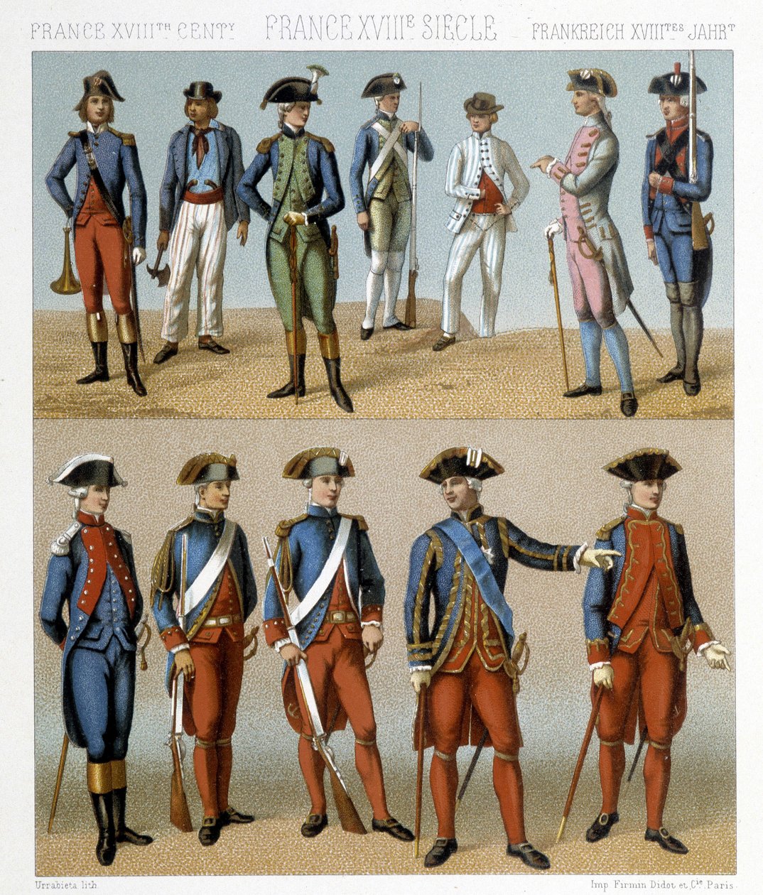 Trajes militares franceses en el siglo XVIII. Ilustración en "El traje histórico" de Racinet de Albert Charles August Racinet