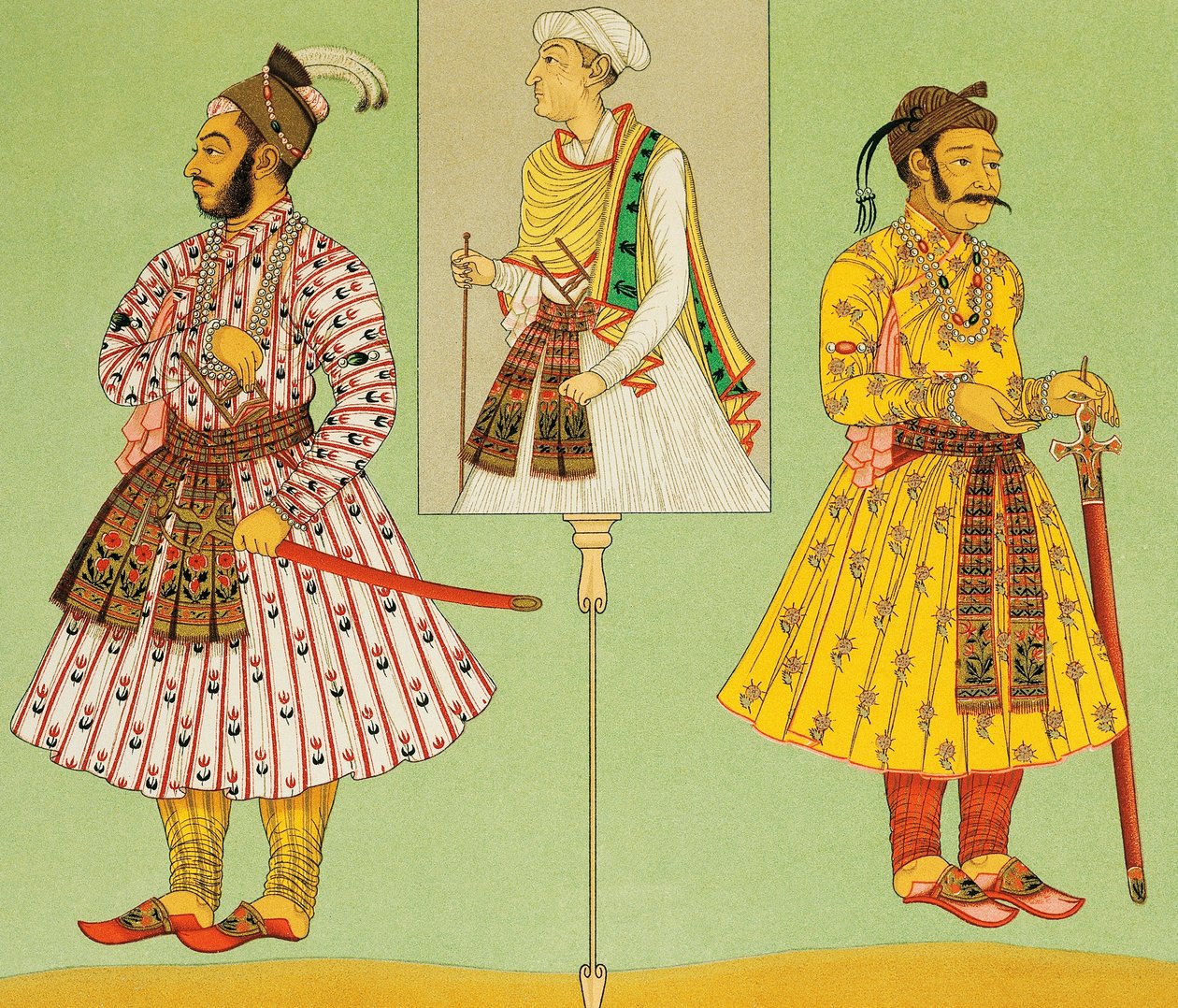 Altos dignatarios del imperio mogol, litografía de Chataignon de Trajes históricos, Volumen I, de Auguste Racinet, París de Albert Charles August Racinet