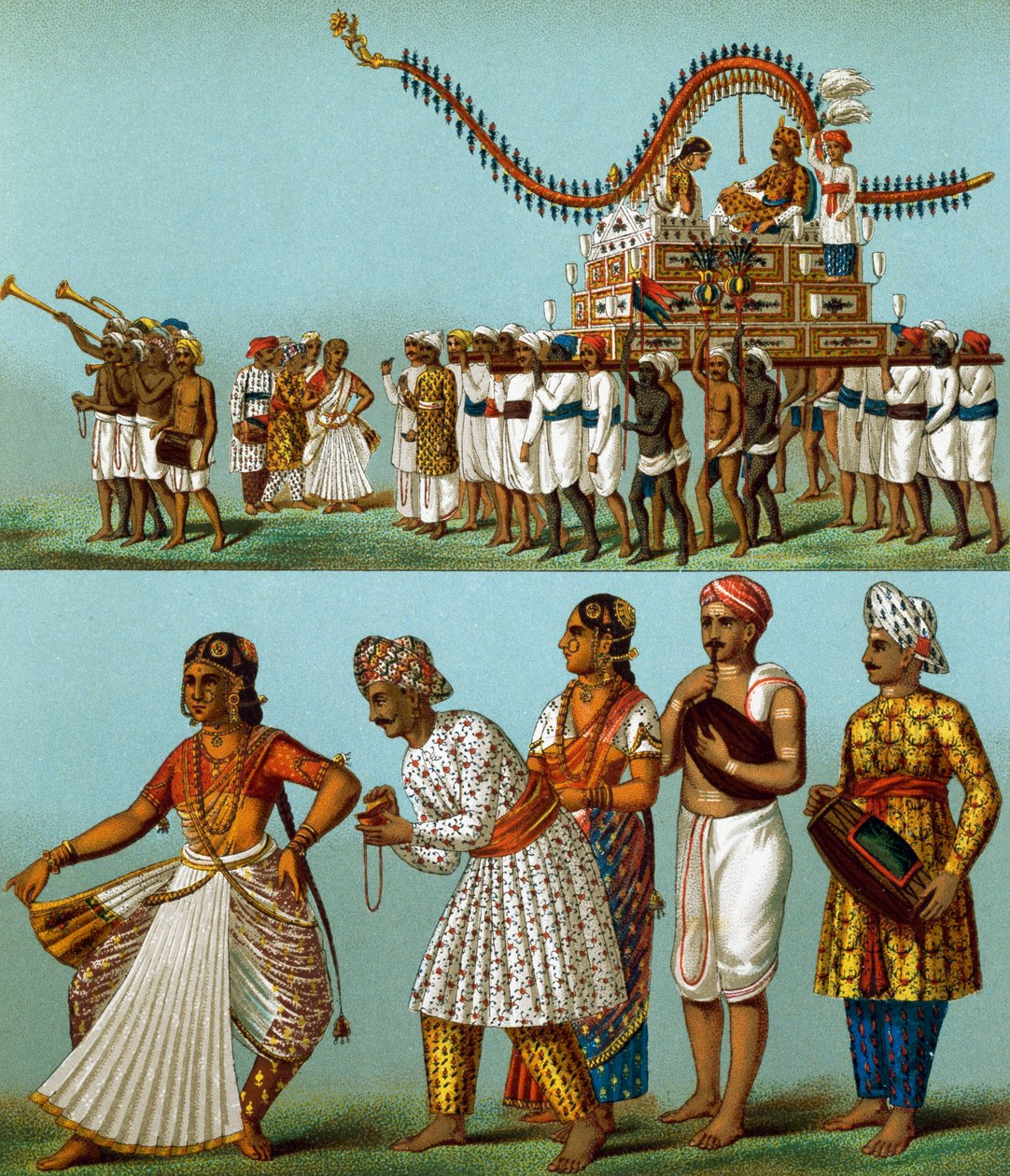 India, desfiles, música, danzas, por Auguste Racinet, litografía de Le Costume Historique, Volumen I de Albert Charles August Racinet