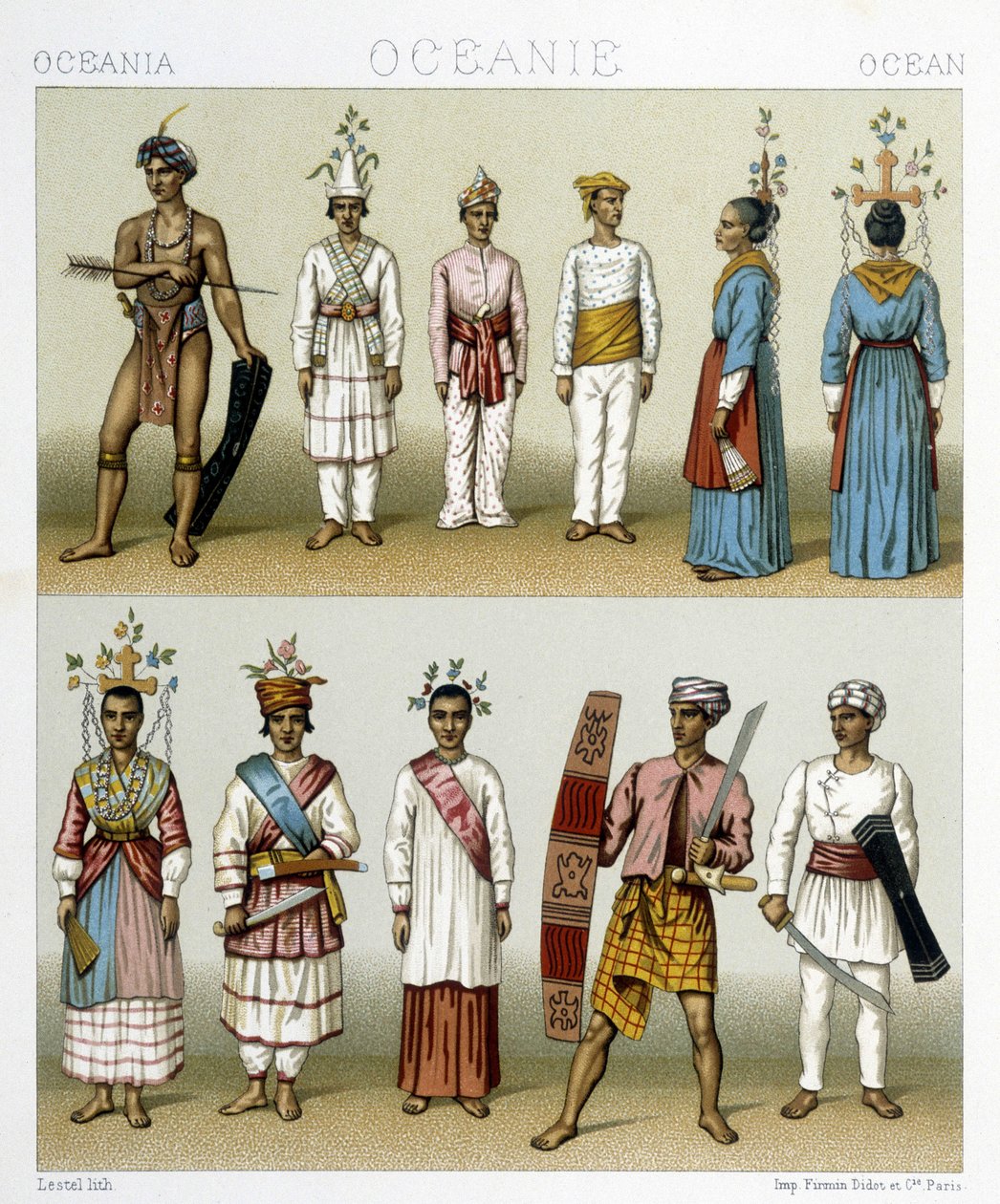 Habitantes de las Islas Célebes en Indonesia. Ilustración en "Le costume historique" por Racinet de Albert Charles August Racinet