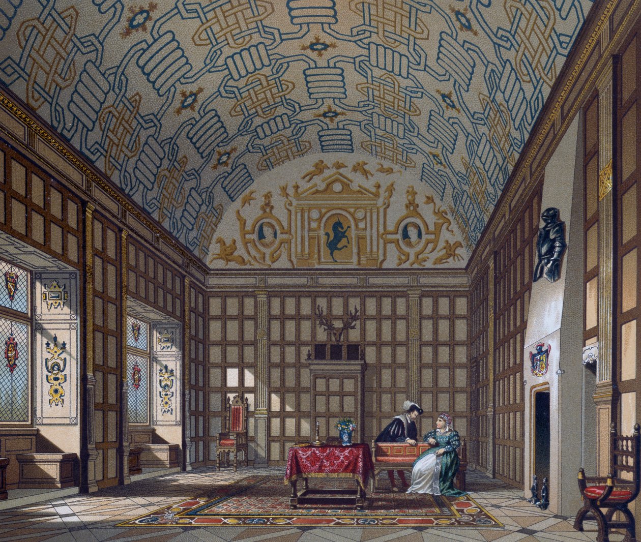 Interior de una vivienda inglesa del siglo XVI, litografía de Gaulard de Le Costume historique de Albert Charles August Racinet