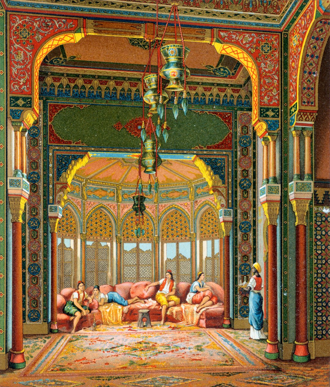 Interior de un edificio turco, ilustración de La Historia Completa del Traje por Auguste Racinet de Albert Charles August Racinet