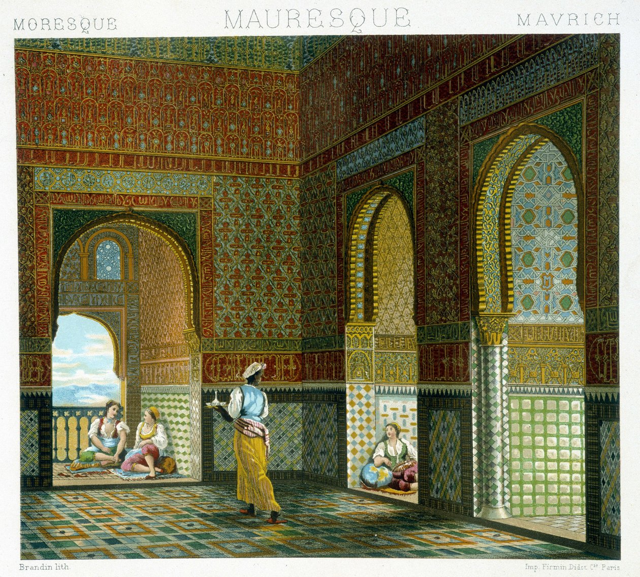 Interior de una casa morisca (Alhambra, sala de la Bendición). Lámina cromolitográfica - en "Le costume historique" por Racinet de Albert Charles August Racinet