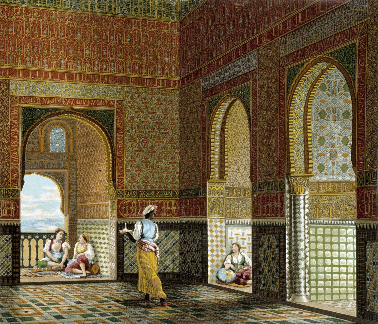 Interior de una casa morisca (Alhambra, sala de la Bendición). Placa cromolitográfica - en "Le costume historique" por Racinet de Albert Charles August Racinet