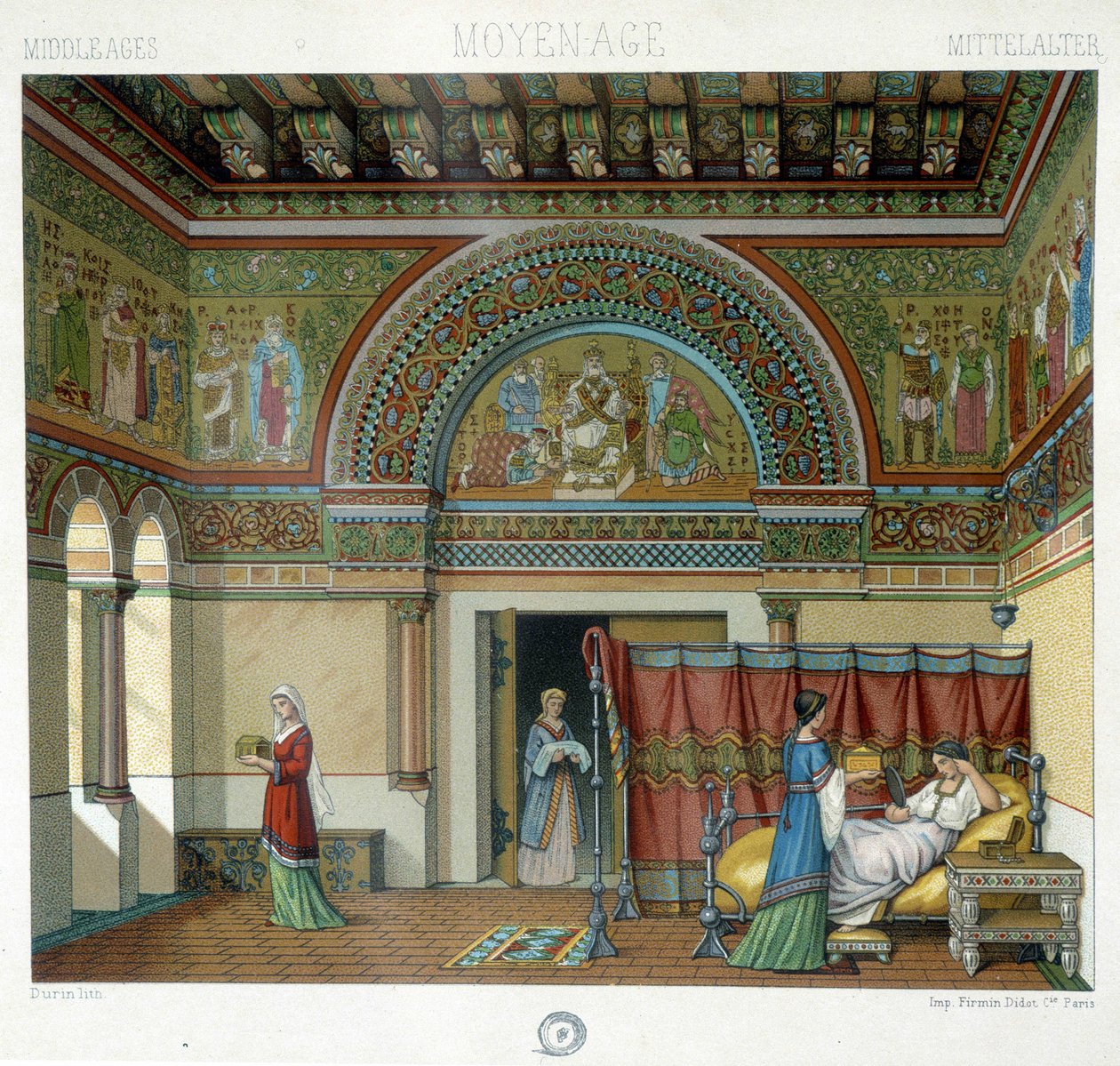 Interior de una vivienda señorial en la Edad Media - en "El Traje Histórico" por Racinet de Albert Charles August Racinet