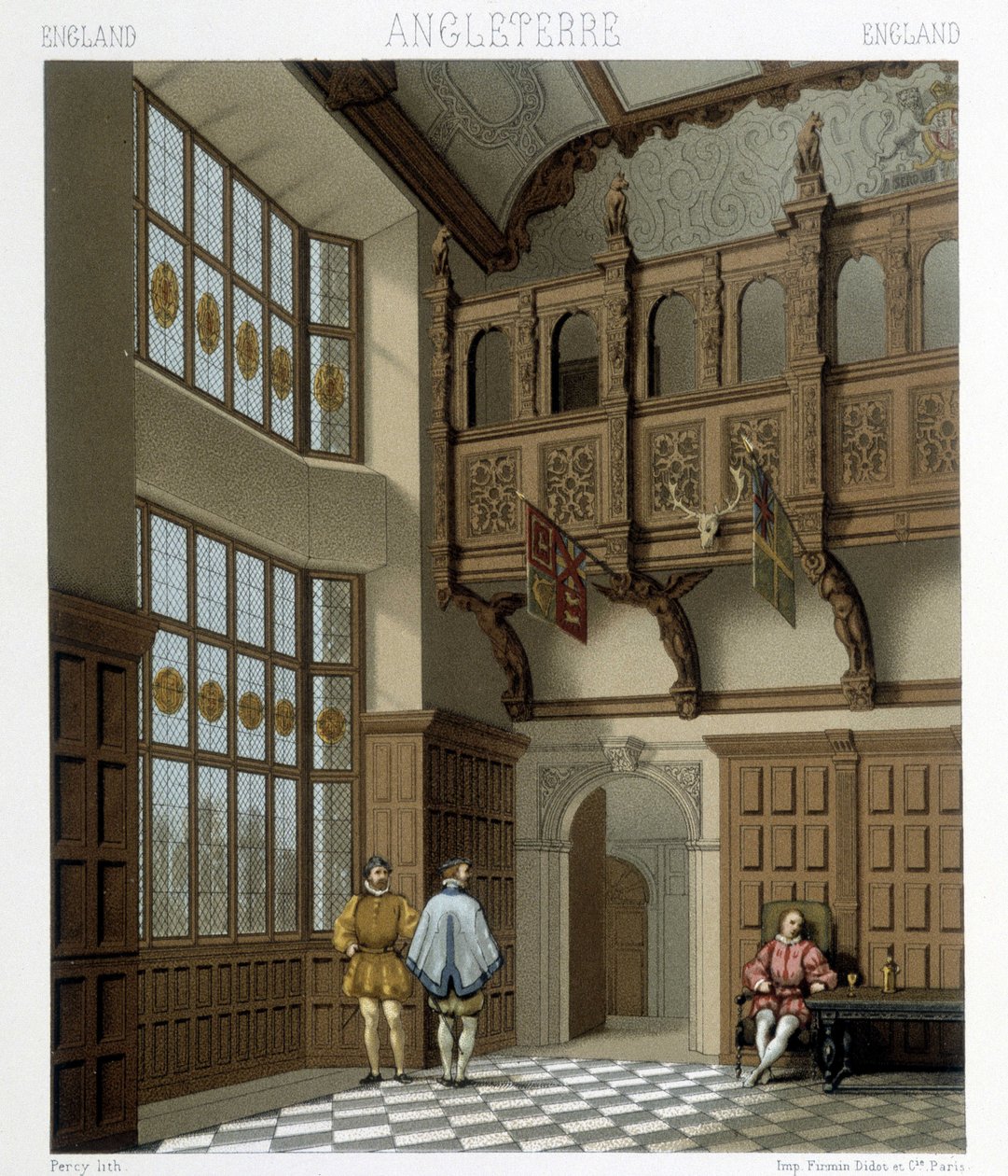 Interior de una casa señorial en Inglaterra en el siglo XVIII. Ilustración en “El traje histórico” de Racinet de Albert Charles August Racinet