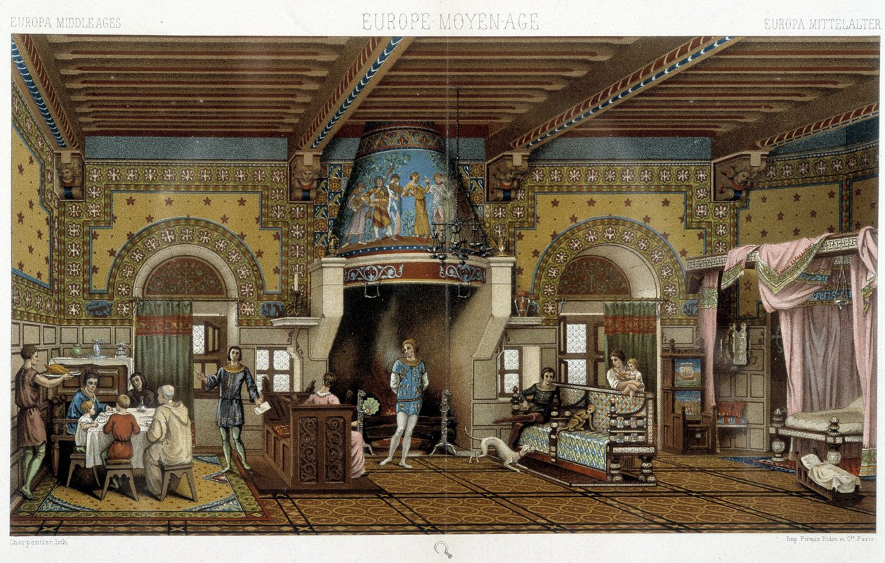 Interior de una mansión señorial en la Edad Media - en “El traje histórico” de Racinet de Albert Charles August Racinet