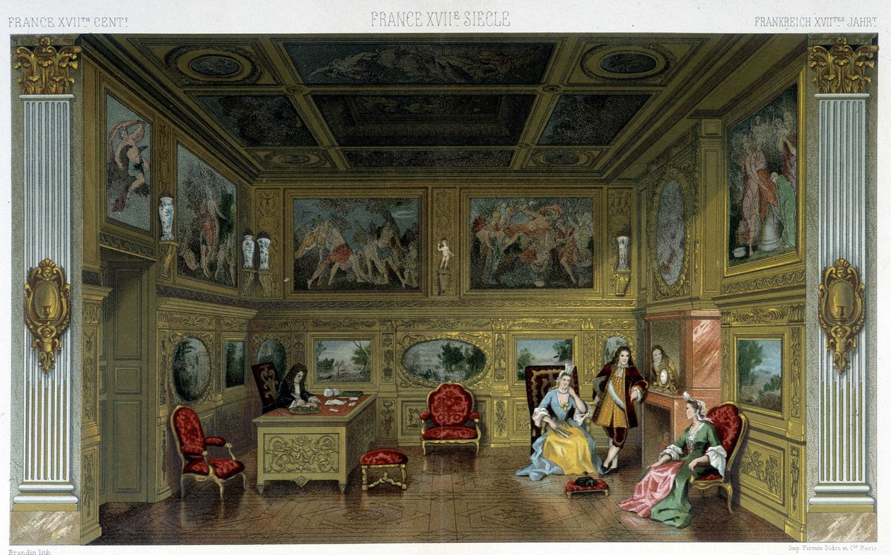 Hombres y mujeres en una casa rica del siglo XVIII. Ilustración en "El traje histórico" de Racinet de Albert Charles August Racinet