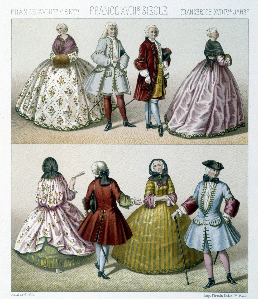 Hombres y mujeres con trajes de moda del siglo XVIII en Francia. Ilustración en "Le costume historique" por Racinet de Albert Charles August Racinet
