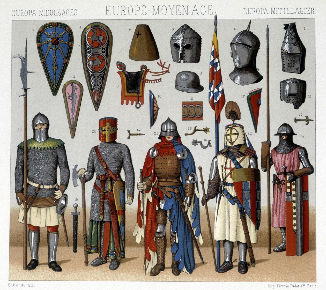 Trajes y cascos militares en Francia del siglo XIII al XV. Ilustración en "Le costume historique" por Racinet de Albert Charles August Racinet