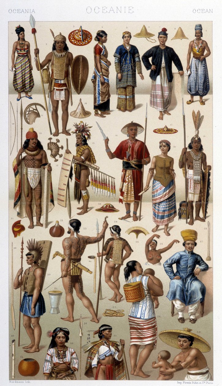 Gente de Malasia y Polinesia (Oceanía). Ilustración en “Le costume historique” por Racinet de Albert Charles August Racinet