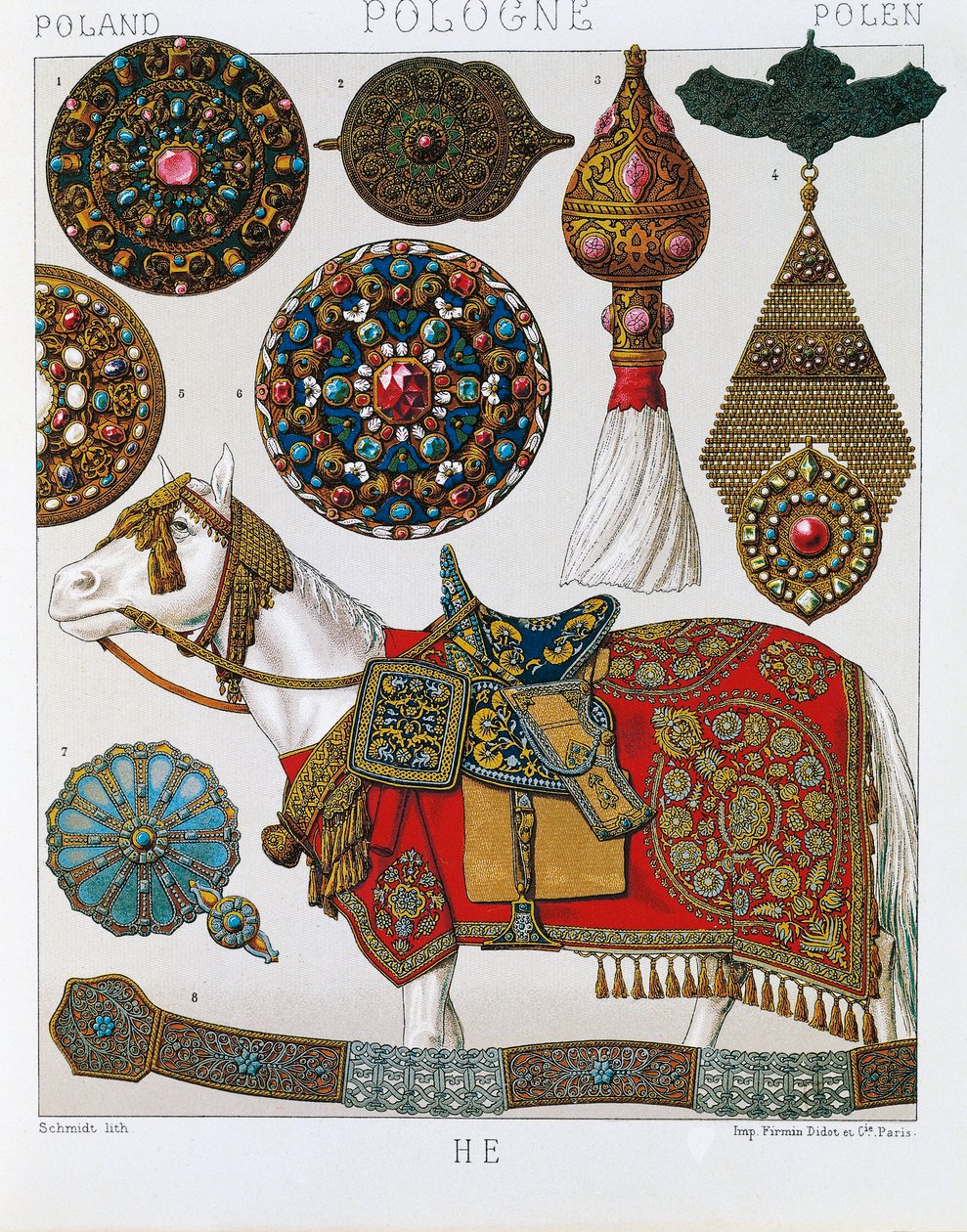 Ornamentos polacos, caballería de húsares, litografía tomada del Traje histórico de Schmidt, Volumen V de Albert Charles August Racinet
