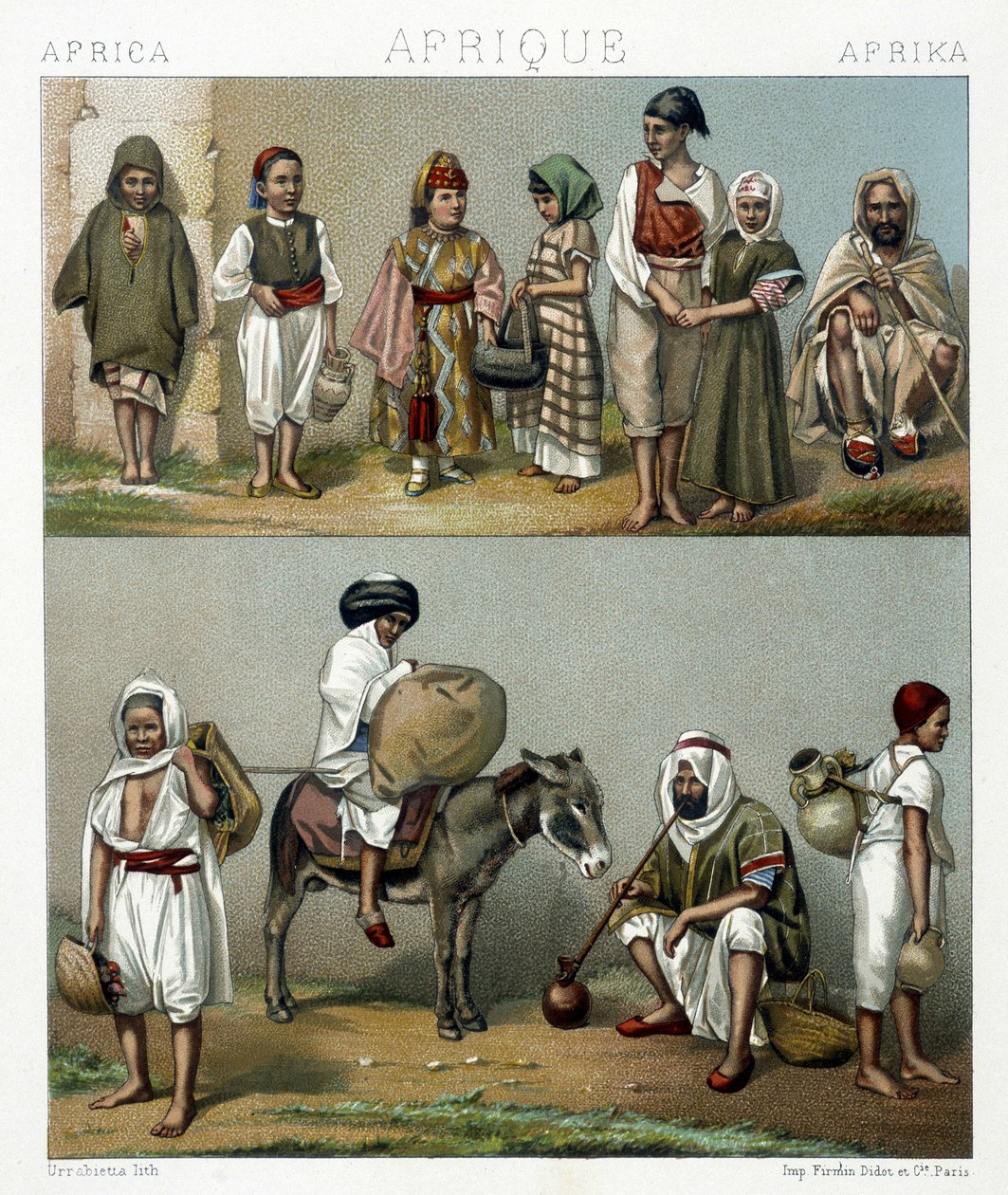Trajes populares de Argelia y Túnez. Ilustración en "Le costume historique" por Racinet de Albert Charles August Racinet