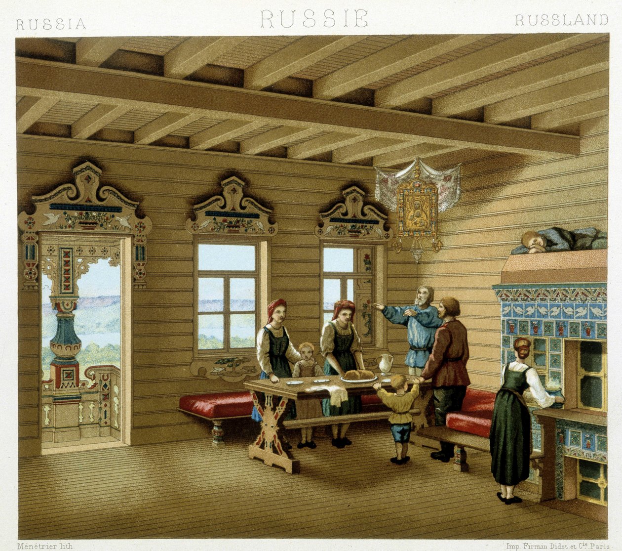 Familia rusa en una residencia típica en Rusia en el siglo XIX. Placa cromolitográfica - en "El traje histórico" de Racinet de Albert Charles August Racinet
