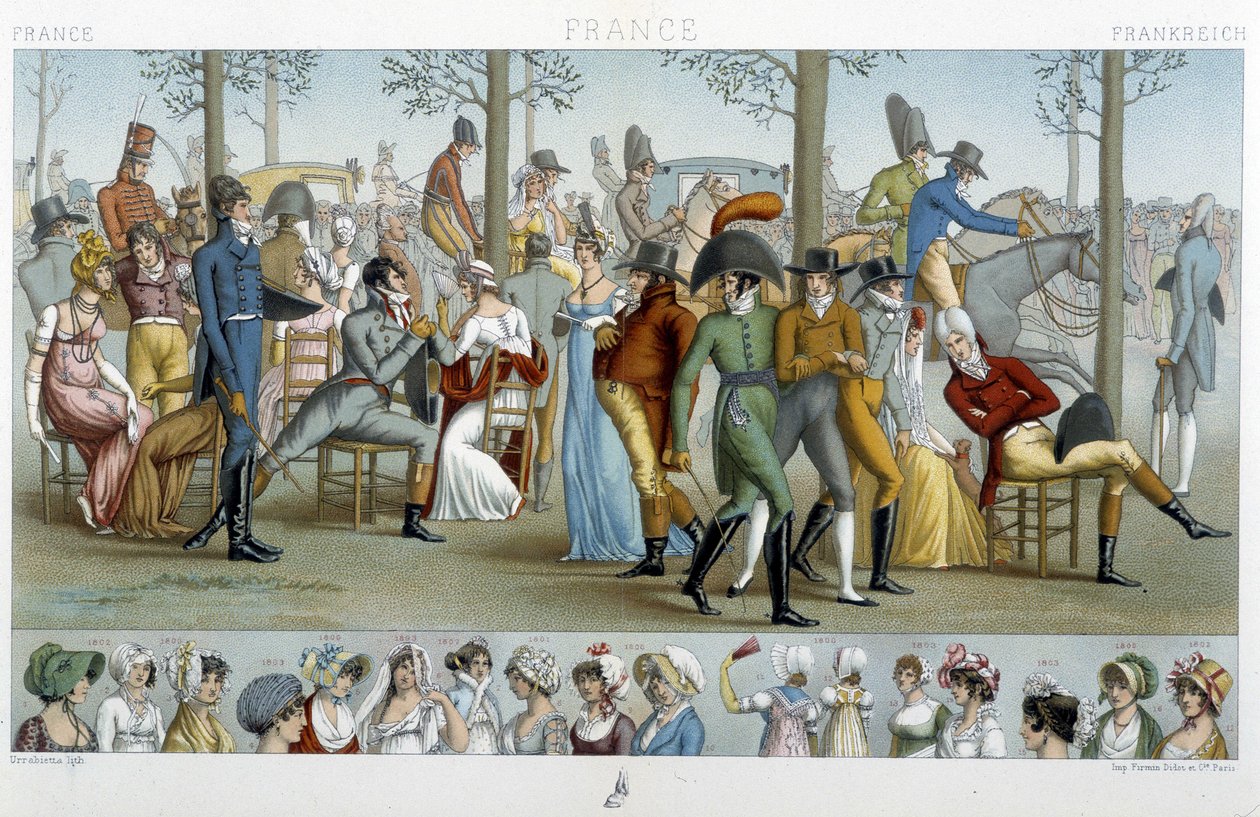 El burgués caminando hacia Longchamp, principios del siglo XIX - en "Le costume historique" por Racinet de Albert Charles August Racinet