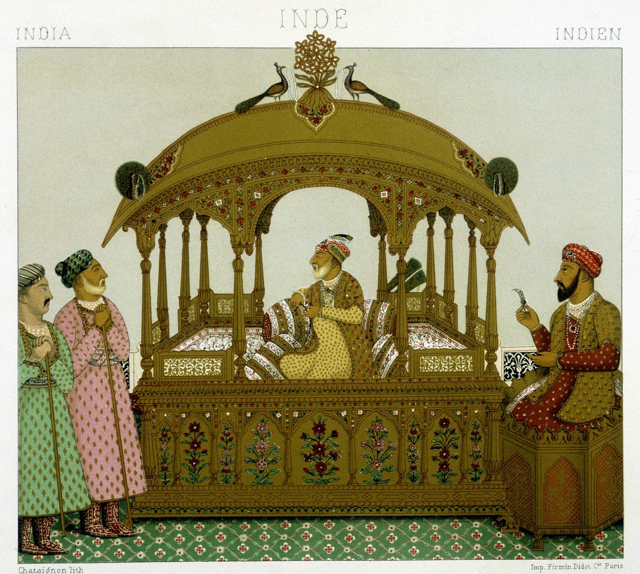 Trono de los emperadores mogoles. Placa cromolitográfica - en “Le costume historique” de Racinet de Albert Charles August Racinet