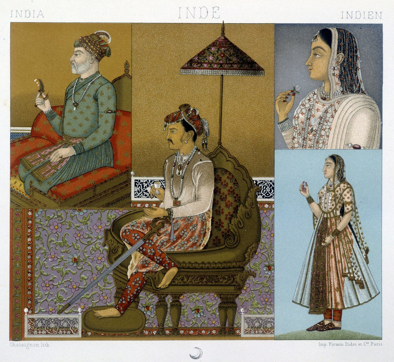 Trajes tradicionales de mogoles y maharajás en India - en “Le costume historique” de Racinet de Albert Charles August Racinet