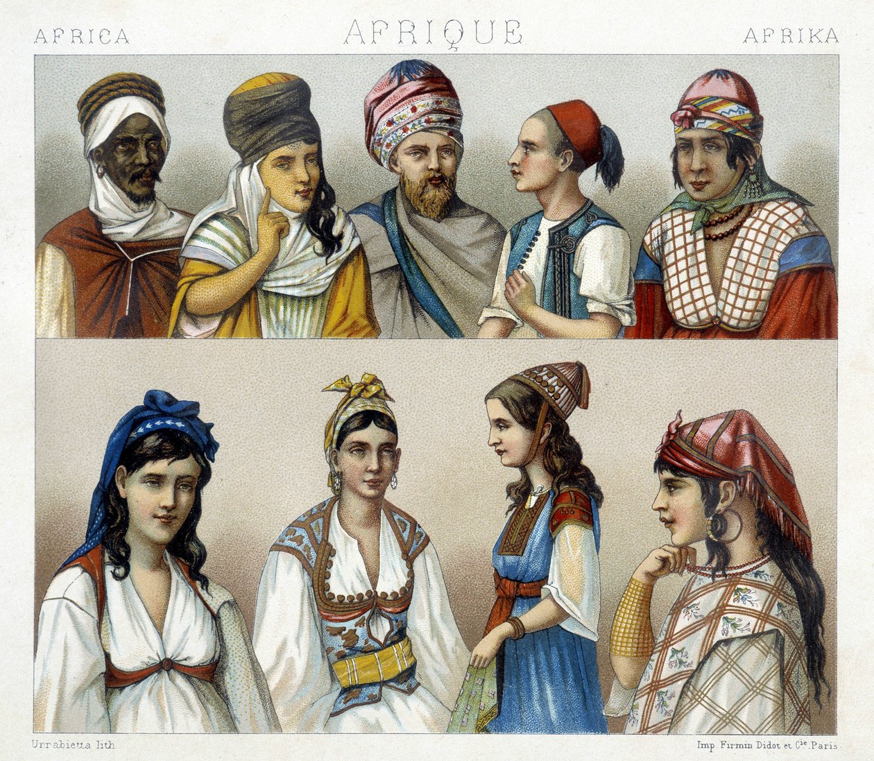 Trajes y tocados tradicionales de hombres y mujeres en Argelia. Ilustración en "Le costume historique" por Racinet de Albert Charles August Racinet