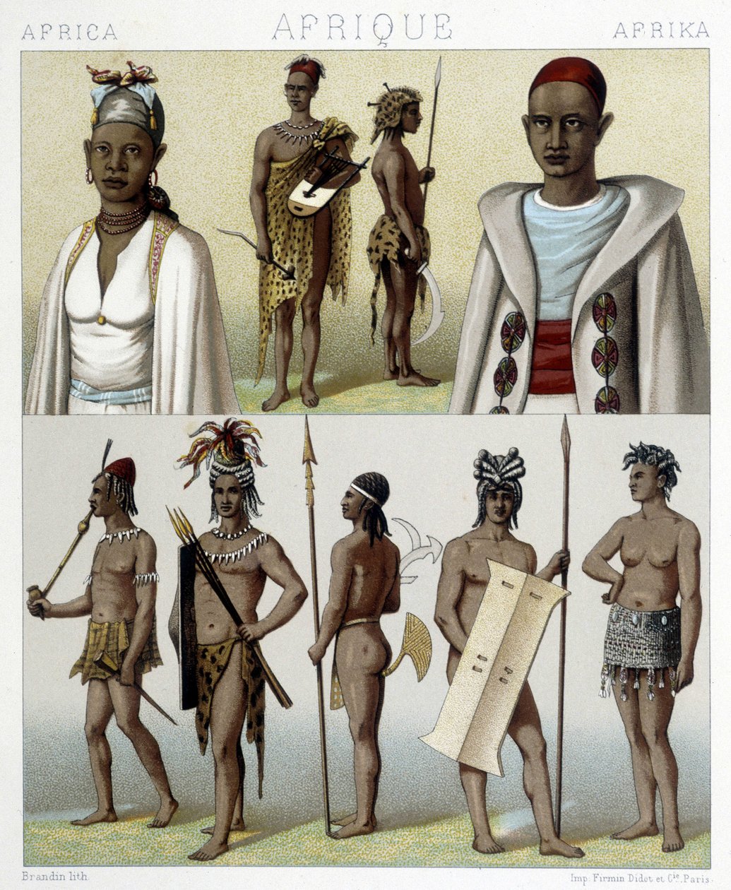 Trajes tradicionales y joyería de Tombuctú y el Alto Nilo. Ilustración en “Le costume historique” de Racinet de Albert Charles August Racinet