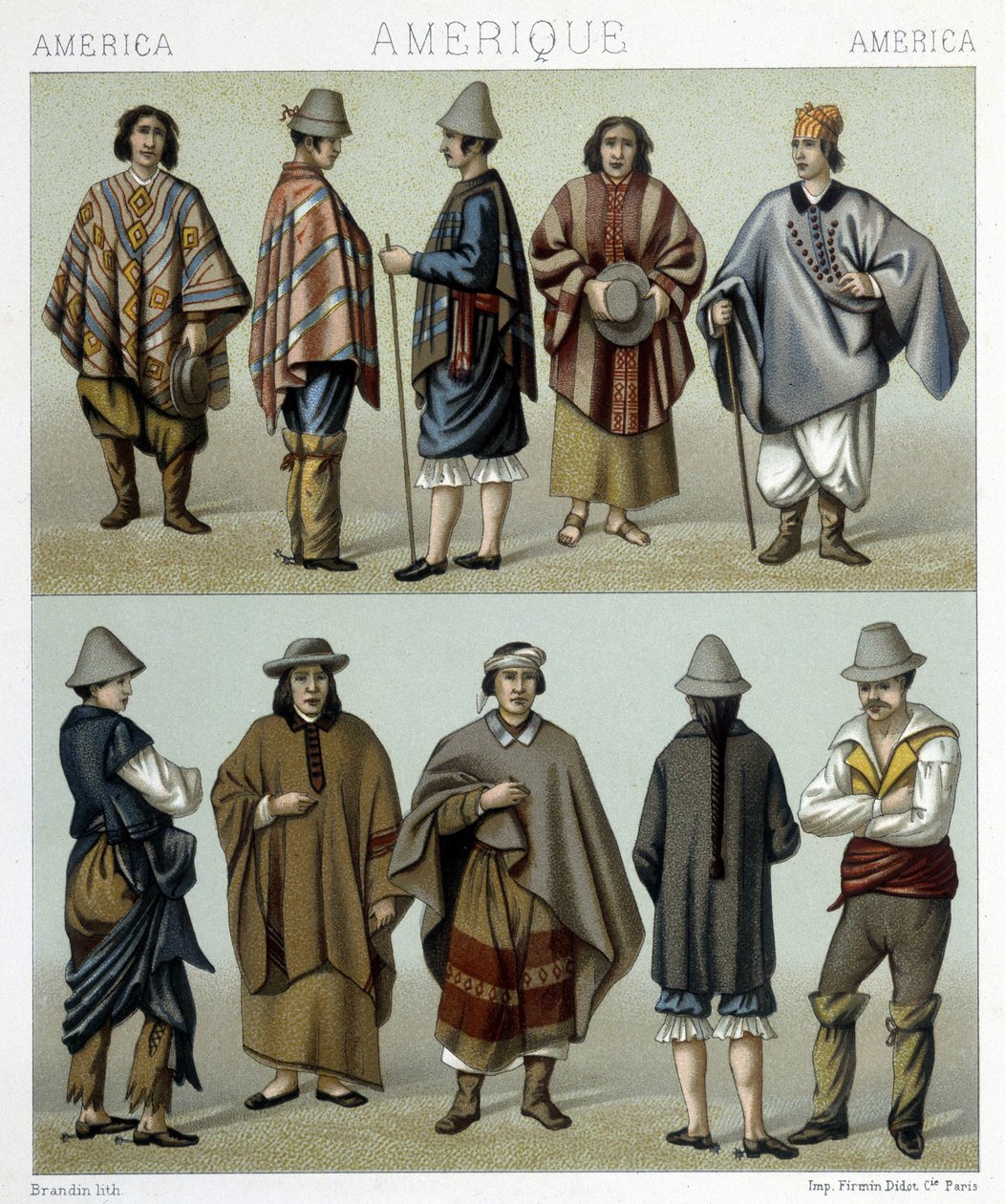 Trajes tradicionales de Chile. Ilustración en "El traje histórico" por Racinet de Albert Charles August Racinet