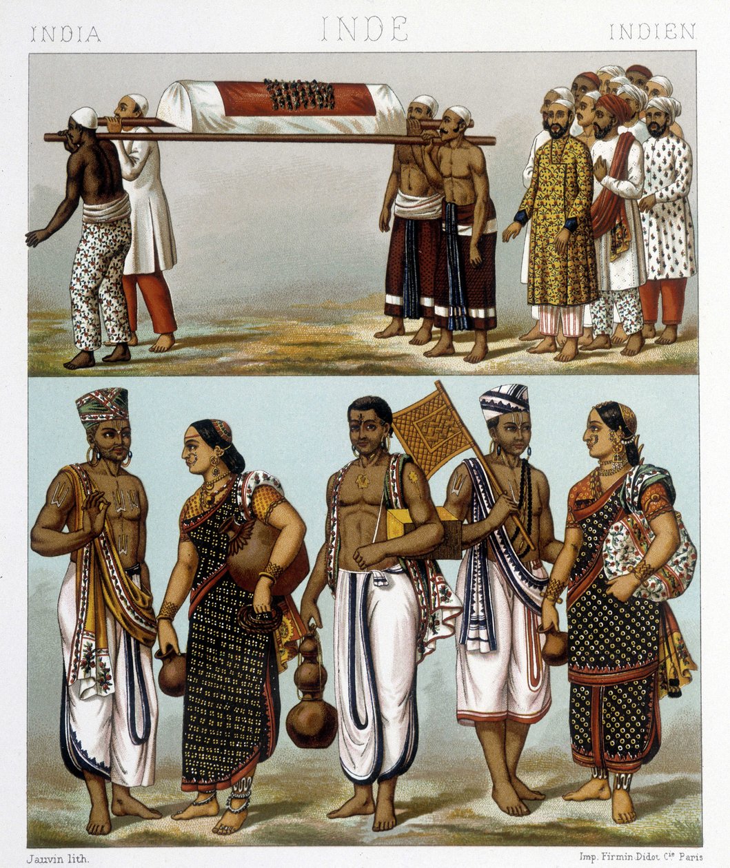Trajes tradicionales de musulmanes (parte superior de la imagen) e hindúes (parte inferior) que viven en India. Ilustración en “Le costume historique” de Racinet de Albert Charles August Racinet