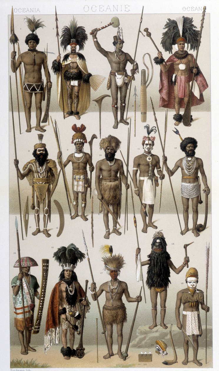 Trajes tradicionales de los pueblos indígenas de Oceanía. Ilustración en "El traje histórico" de Racinet de Albert Charles August Racinet
