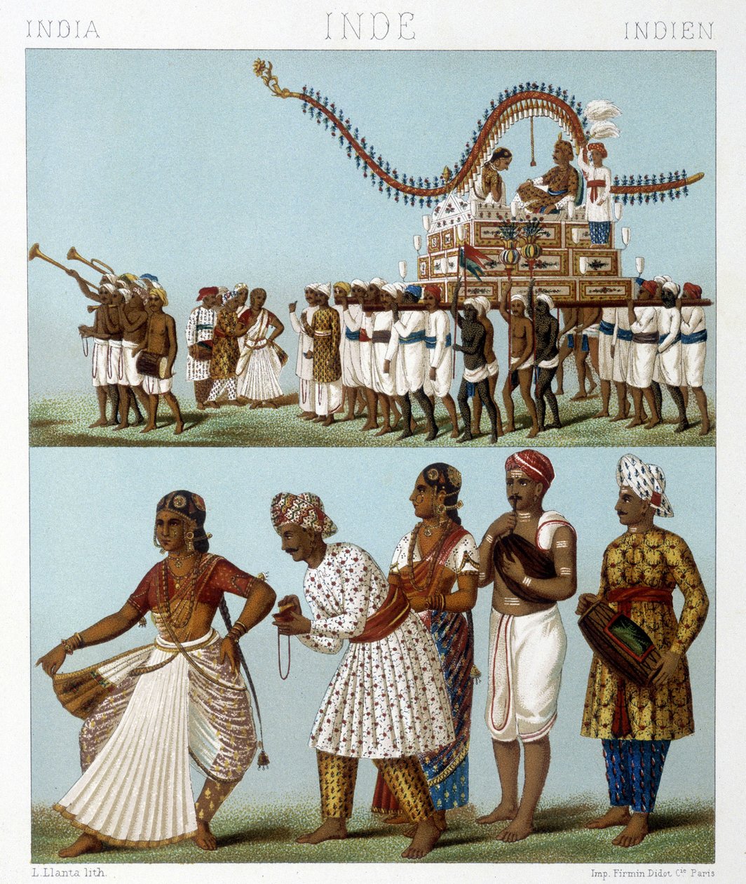 Transporte, música, danza y trajes tradicionales de India. Ilustración en "El traje histórico" de Racinet de Albert Charles August Racinet