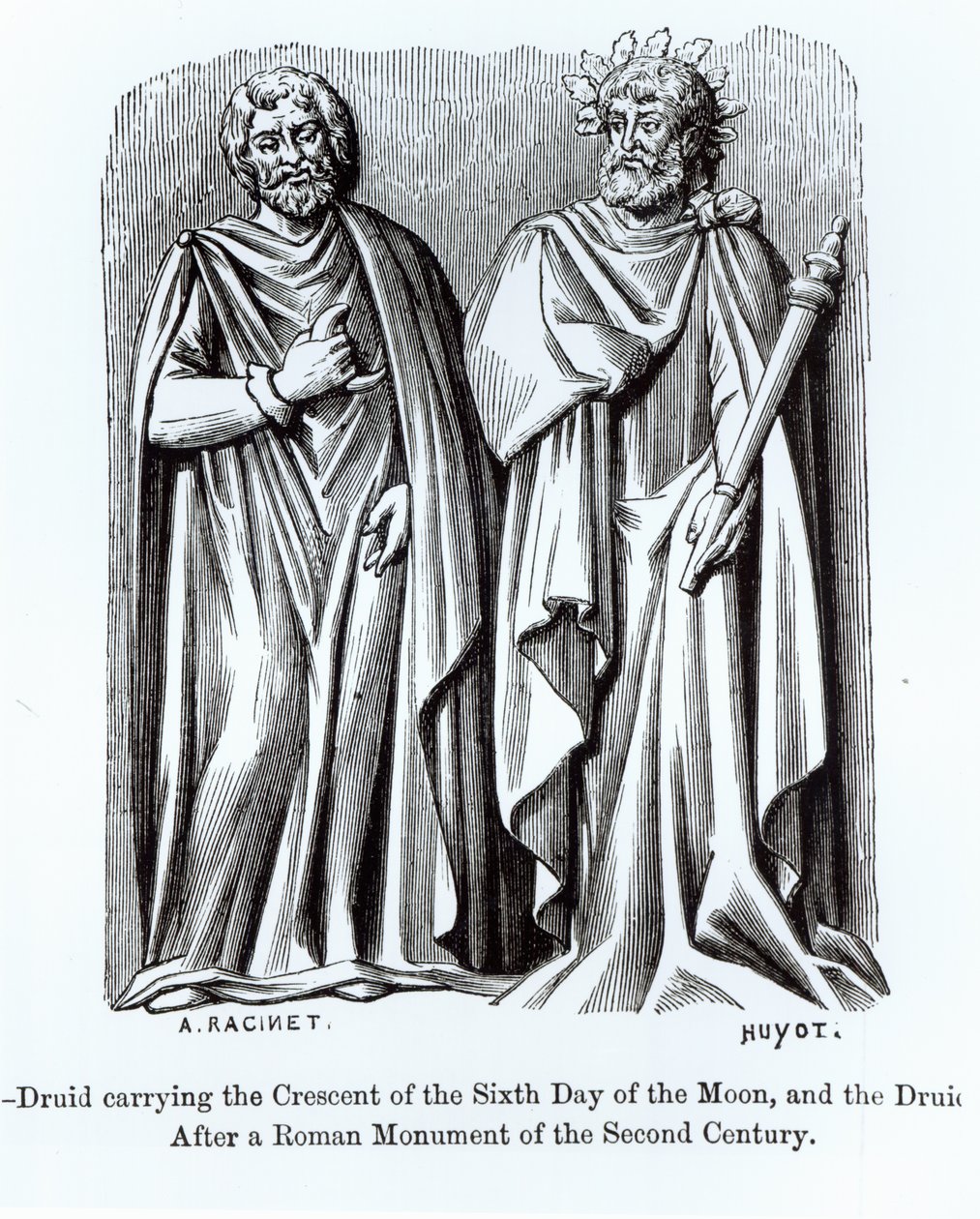 Dos druidas, uno llevando el creciente del sexto día de la luna, después de un monumento romano del segundo siglo, ilustración de Ciencia y Literatura en la Edad Media y el Renacimiento de Albert Charles August Racinet