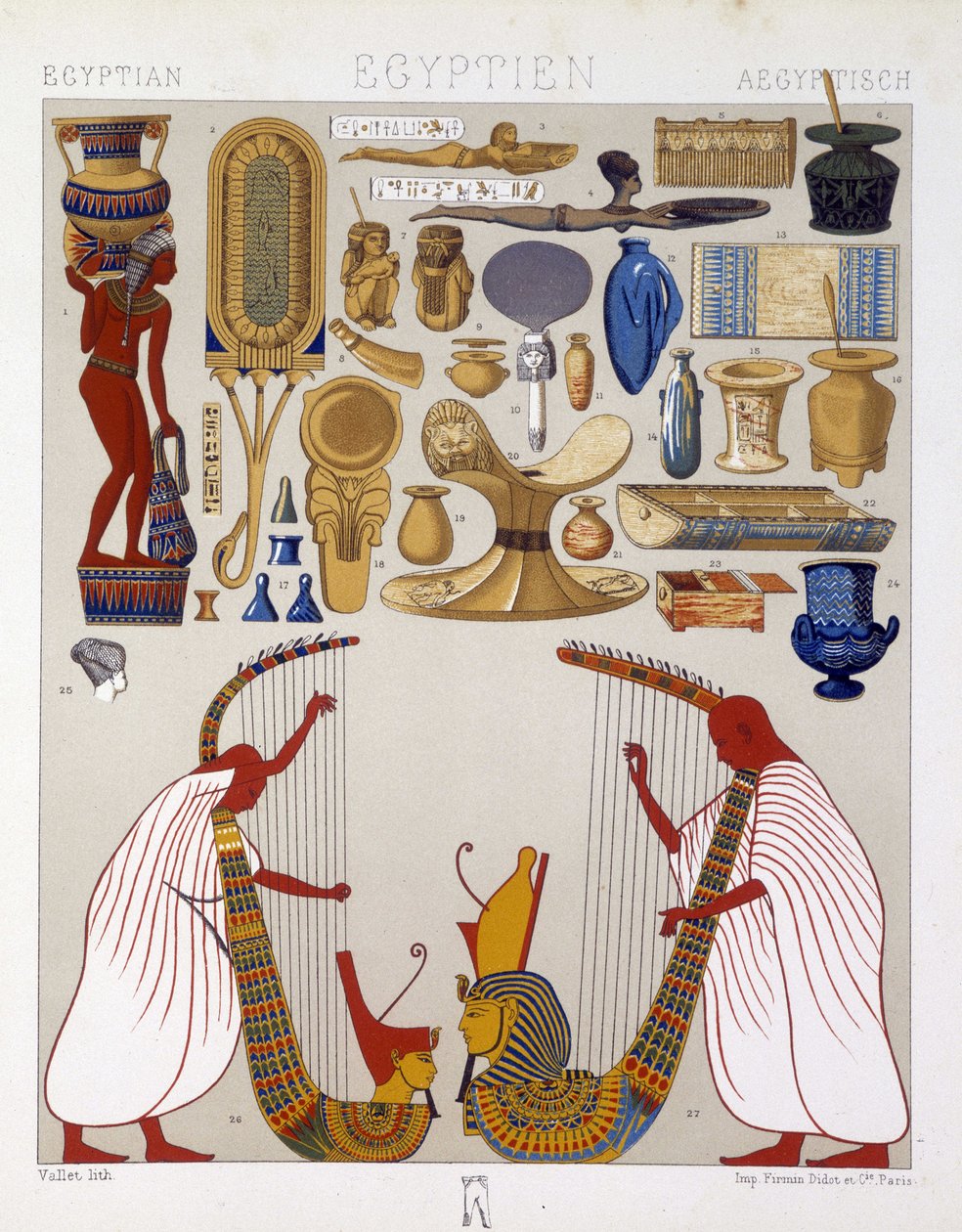Varios objetos antiguos de Egipto - en "El traje histórico" por Racinet de Albert Charles August Racinet