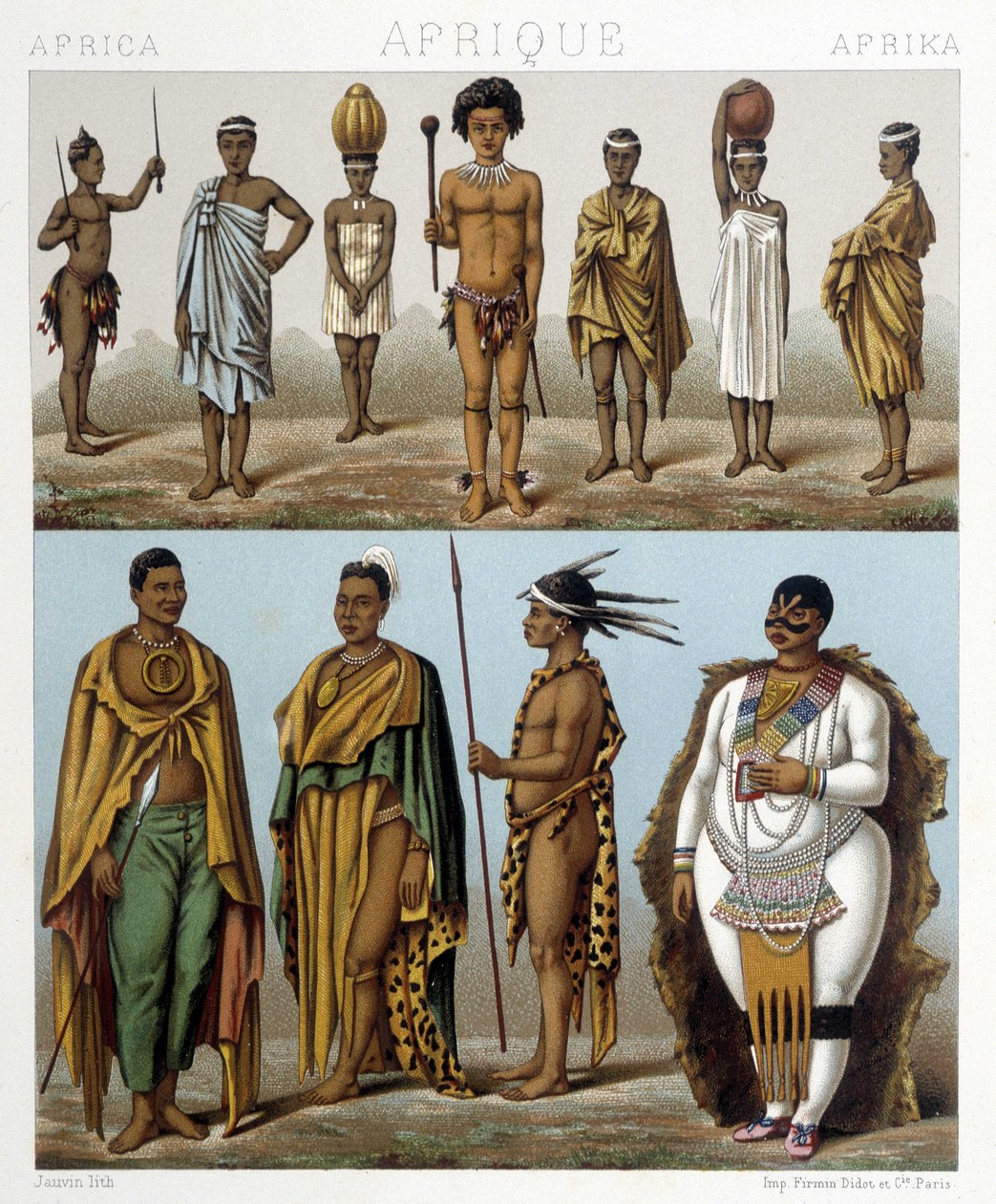 Varios hombres del sur de África. Ilustración en "Le costume historique" por Racinet de Albert Charles August Racinet