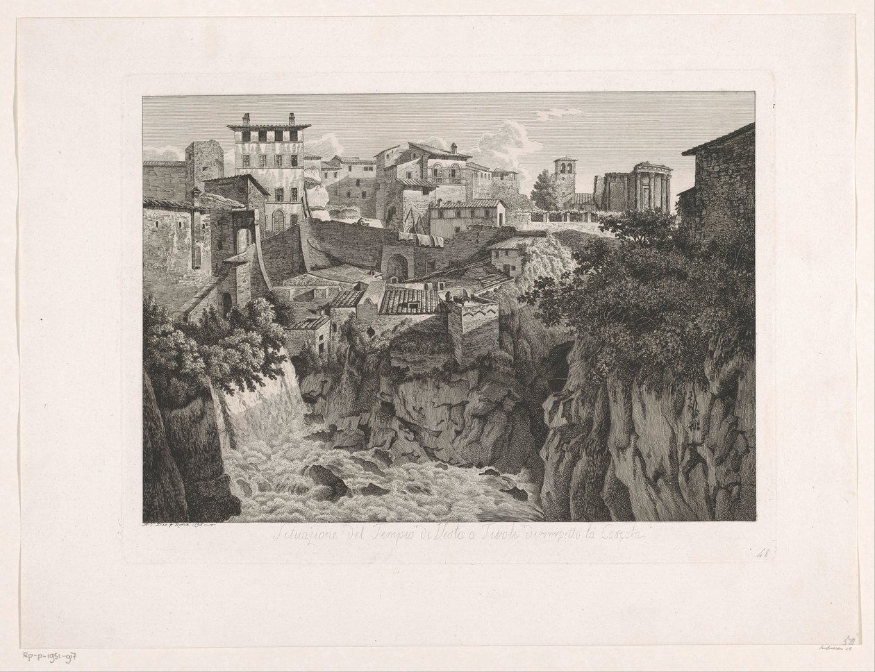 Vista de Tivoli, con el Templo de Vesta a lo lejos Situazione del Tempio di Vesta a Tivoli dirimpetto la Cascata (título sobre el objeto) Malayo Radirte Prospekte aus Italien (título de la serie) de Albert Christoph Dies