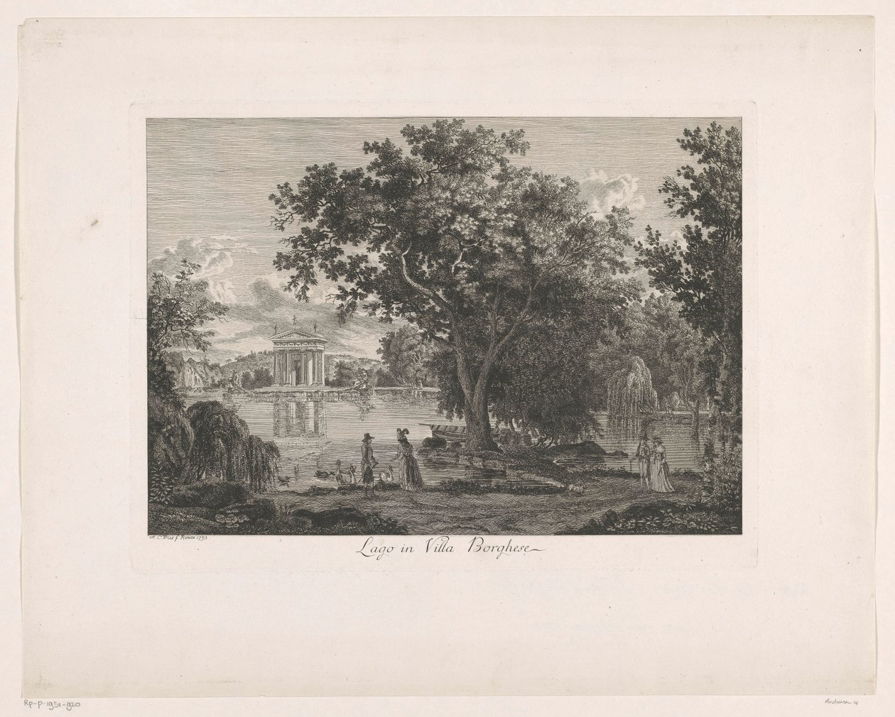 Vista del lago en Villa Borghese Lago en Villa Borghese (título sobre objeto) Malayo Radirte Prospekte aus Italien (título de la serie) de Albert Christoph Dies