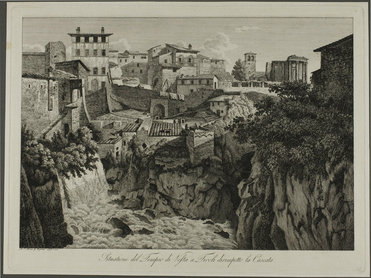 Escena del templo de Vesta en Tívoli frente a las cascadas de Albert Christoph Dies
