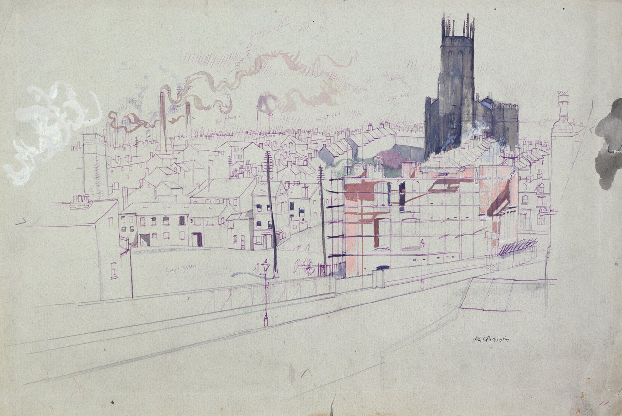 Ciudad industrial (Leeds) (pluma y tinta y acuarela sobre papel) de Albert Daniel Rutherston