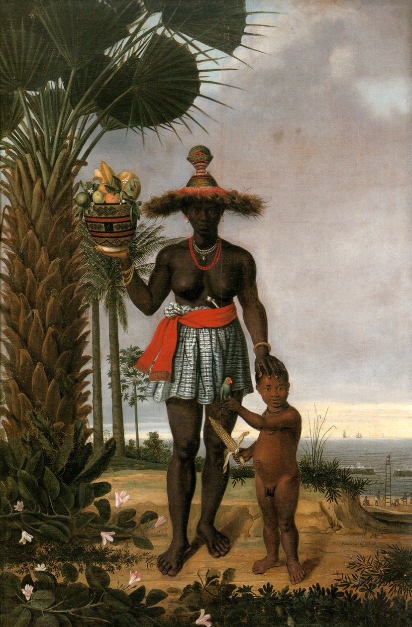 Francés: Portrait de femme noire avec enfant et panier American woman de Albert Eckhout