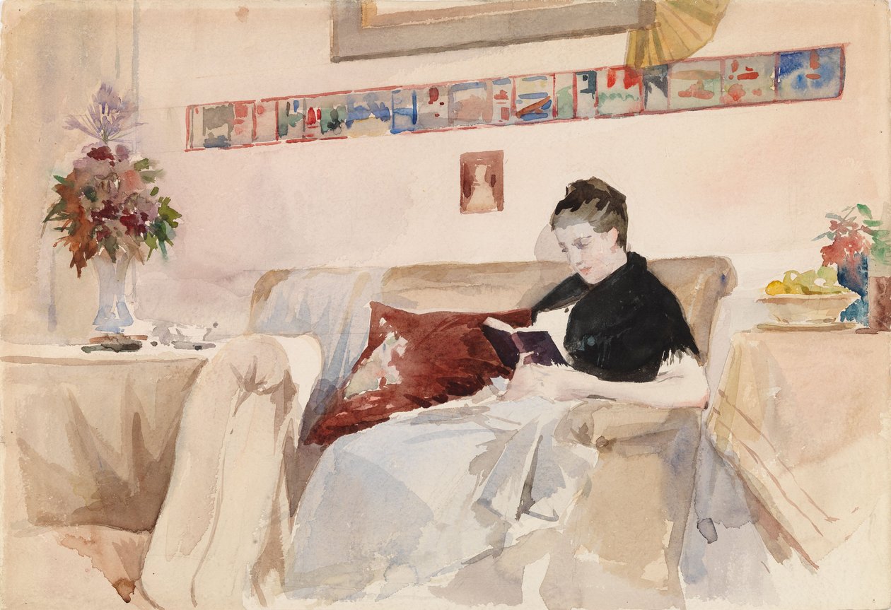 La esposa del artista leyendo en el sofá de Albert Edelfelt