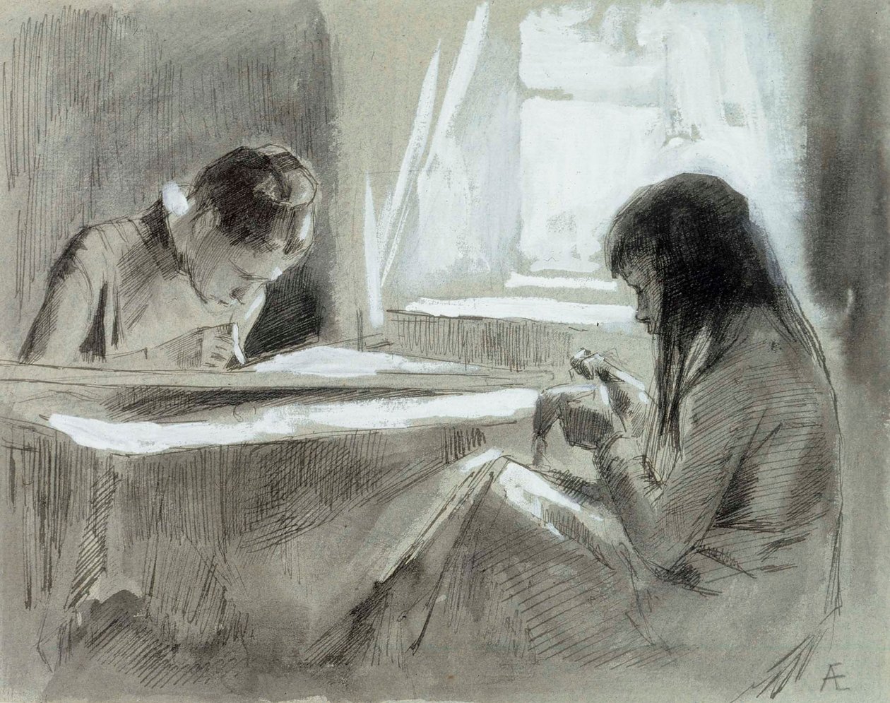 Chicas cosiendo junto a la ventana de Albert Edelfelt