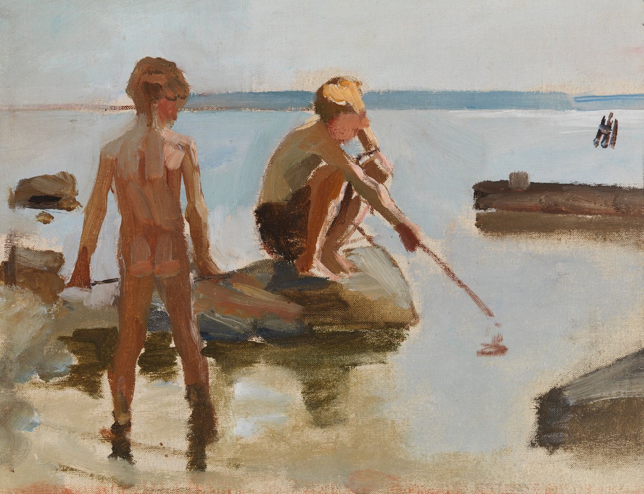 Boceto de unos niños jugando en la orilla de Albert Edelfelt