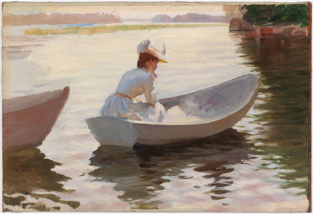 Mujer en una barca de remos, estudio para Muchachas en una barca de remos de Albert Edelfelt