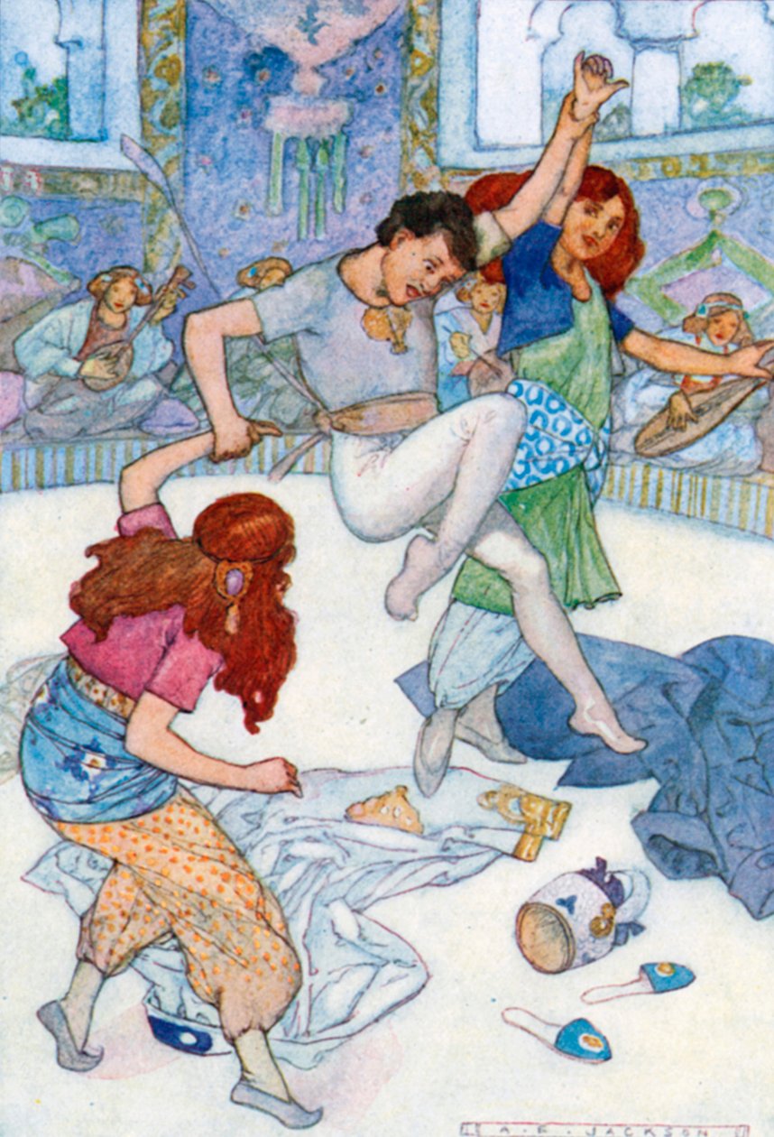 Abov Hasan empezó a bailar y a saltar (litografía en color) de Albert Edward Jackson
