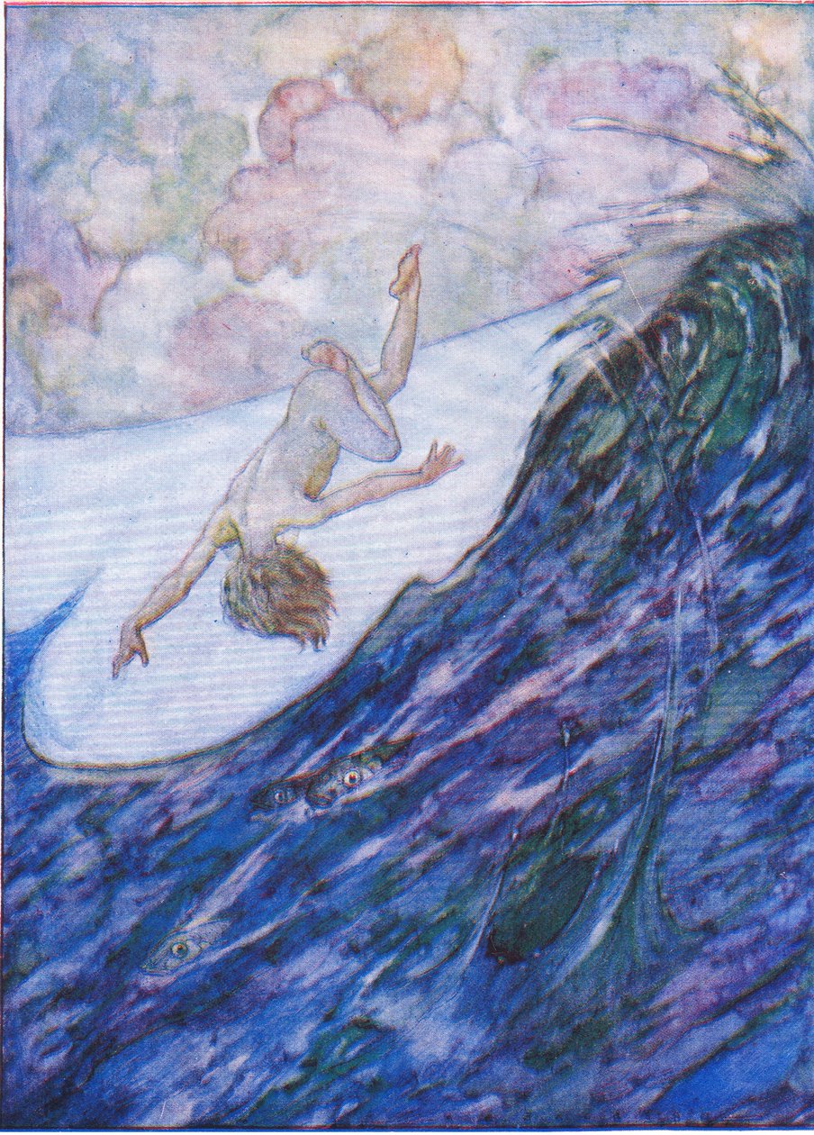 Dio tres barcos fuera del agua, una yarda de altura, y la cabeza sobre los talones, de The Water Babies pub.by Humphrey Milford Oxford University Press, c.1930 (litografía en color) de Albert Edward Jackson