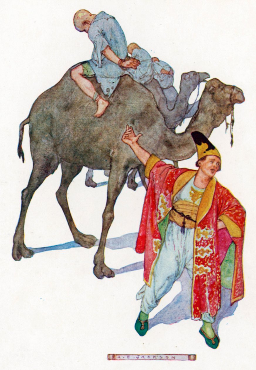 Montados cada uno en un Camello, mirando hacia la Cola (litografía en color) de Albert Edward Jackson