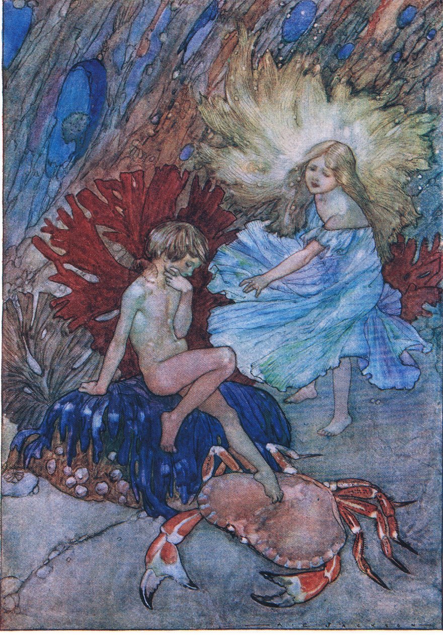 "No, no empujes a ese pobre cangrejo sobre Tom", de The Water Babies pub.by Humphrey Milford Oxford University Press, c.1930 (litografía en color) de Albert Edward Jackson